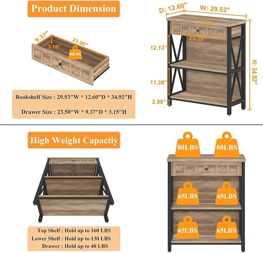 FATORRI Rustic Bookshelf with Drawer, Industrial Wood and Metal Bookcase, Small Short Book Shelf and Low Book case for Small Space (Rustic Oak)