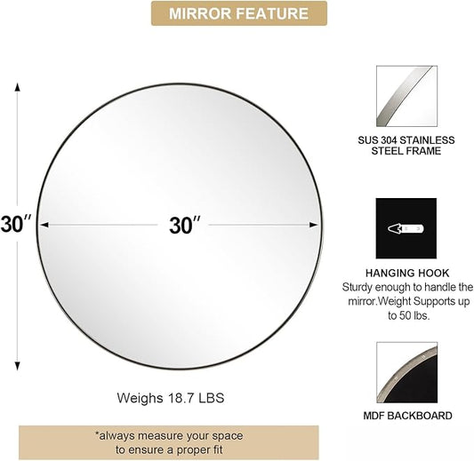 ANDY STAR 30" Round Brushed Nickel Bathroom Mirror, Silver Wall Mirror for Bathroom,Metal Round Circle Mirror for Wall, Bathroom (Premium Stainless Steel Frame)