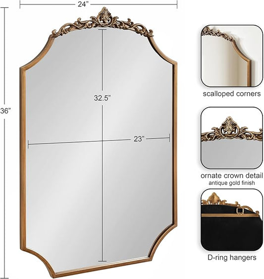 Kate and Laurel Arendahl Ornate Traditional Arched Scallop Mirror; 24 x 36; Antique Gold; Decorative Baroque Style Scalloped Arch Vintage Gold Mirror with Ornamental Crown