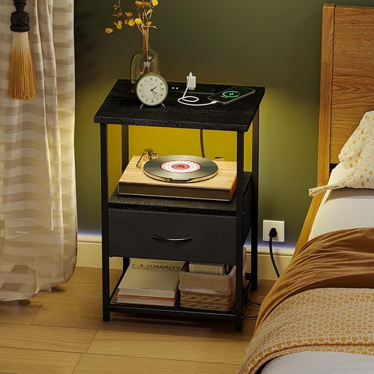 Fixwal Night Stand Set of 2 with Charging Station, LED Nightstand with Fabric Drawers, End Table with PU Finish, Bed Side Table, Black