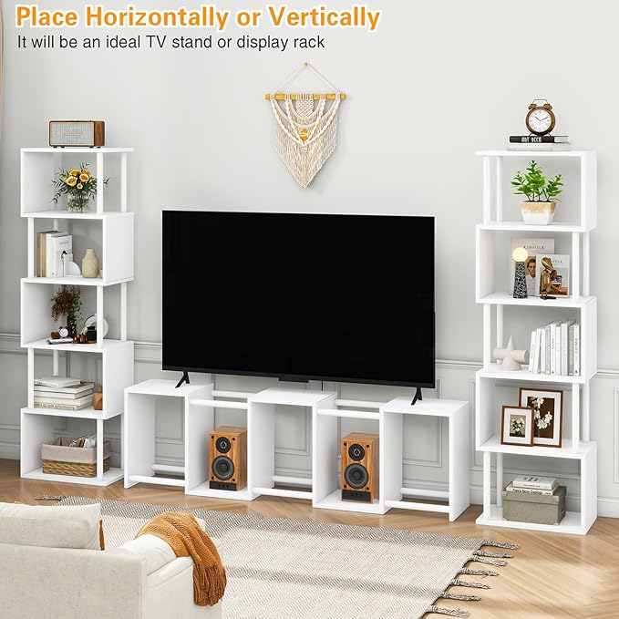 IBUYKE 6-Tier Tall Bookshelf,S-Shaped Geometric Bookcase, Wood Display Shelves with Storage,Modern Bookshelf for Living Room Bedroom, Home Office, White WBC016W