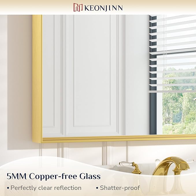 Keonjinn Gold Bathroom Vanity Mirror 24" x 32" Rectangular Wall Mirror Aluminum Alloy Metal Frame Rectangle Modern Farmhouse Mirror Square Corner Framed Mirror for Bathroom Sink(Horizontal/Vertical)