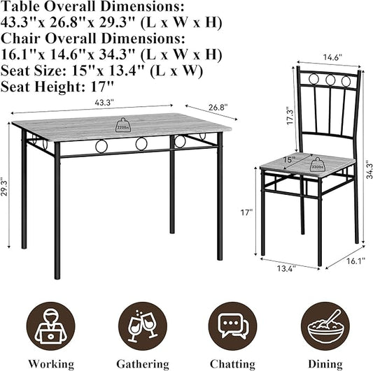 5 Piece Dining Table Set, Modern Metal&Wood Kitchen Dinner Table with 4 Chairs, Dining Room Table Sets for Small Spaces, Gray