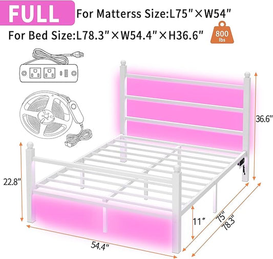 Full Size Bed Frame with Headboard and Footboard,Steel Slats Support-LED Bed Frame with USB Charging Station,Mattress Foundation-Under Bed Storage,No Box Spring Needed,Noise Free,White