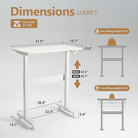 Non-Electric Auto-Lifting Standing Desk, No Knobs or Crank, Cordless, Rolling and Mobile, Great for Walking Pad, Adjustable Height 28.1'' to 43.3'', Desktop Size 31.5'' by 15.7'', Color White
