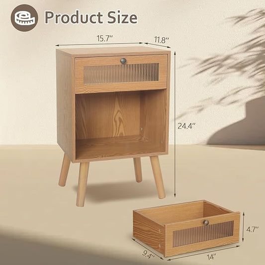 AWASEN Mid Century Nightstand, Bedside Table with Glass Storage Drawer and Large Open Shelf, Modern Night Stand Side End Table with Solid Legs for Bedroom, and Small Space, Brown