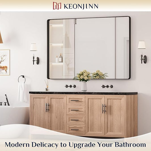 Keonjinn Black Bathroom Mirror for Over Sink, 60 x 40 Inch Large Rounded Rectangle Bathroom Vanity Mirror, Matte Black Farmhouse Wall Mirror, HD Tempered Glass, Seamless Aluminum Alloy Frame Mirror