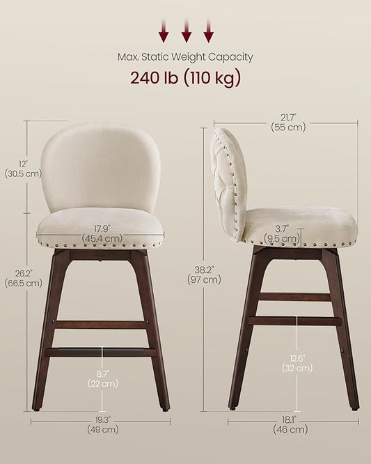 VASAGLE Bar Stools Set of 2, Swivel Counter Height Bar Stools with Back and Wood Legs, Chenille Fabric Upholstered Barstools, 26.2-Inch Tall Counter Barstools for Kitchen Island, Cappuccino Beige