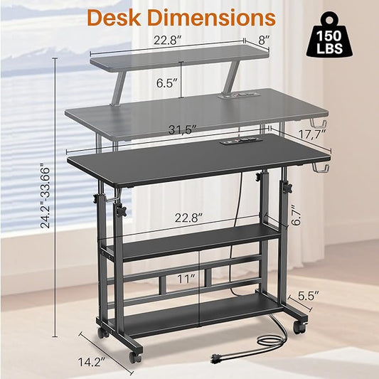 Adjustable Height Standing Desk with Power Outlets, Rolling Stand Up Desk with Monitor Stand and Storage Shelves, 31.5" Small Mobile Computer Desk, Portable Laptop Table (Black with Monitor Stand)