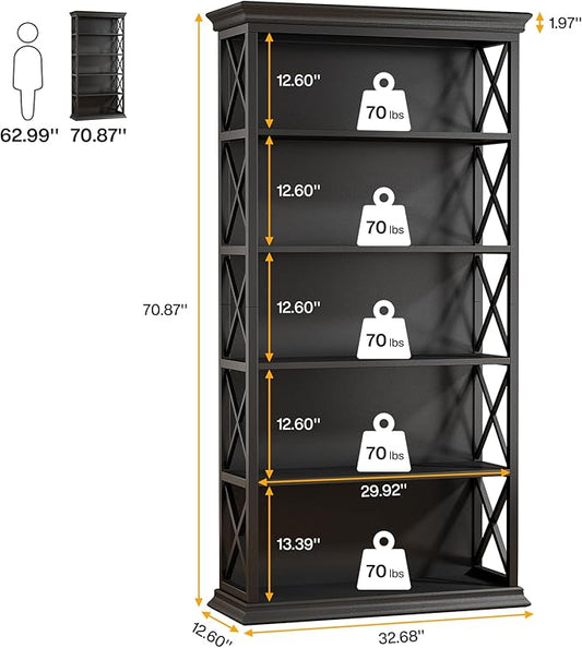Tribesigns 6-Tier Bookcase, 71 Inches Industrial Bookshelves and Bookcases, Floor Standing 5 Shelf Display Storage Shelves Tall Bookcase for Home Office, Living Room, Bed Room, All Black