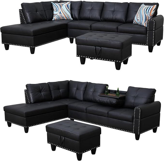 97" L Shaped Sectional Couch with Cup Holder, Modern 4 Seat Modular Sectional Sofa with Storage Ottoman, Living Room Sets for Small Spaces, Apartment, Faux Leather, Black