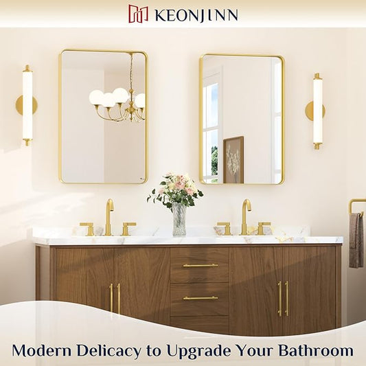 Keonjinn Gold Bathroom Mirrors for Wall 20 x 30 Inch Rounded Rectangle Gold Vanity Mirror, Brushed Brass Mirror with Metal Frame, HD Tempered Glass, Decorative Farmhouse Mirror(Horizontal/Vertical)
