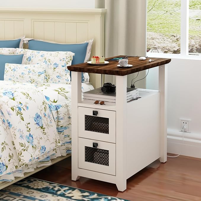 Farmhouse XXL End Table with Charging Station, Narrow Side Table with USB Ports and Outlets, Nightstand with 2 Drawers Storage, Bedside Tables for Living Room, Bedroom, Rustic Walnut White