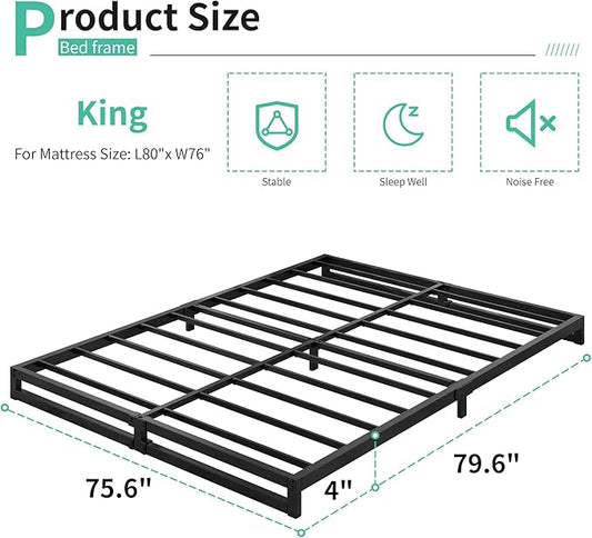 4 Inch King Size Bed Frame Sturdy Mattress Foundation, Heavy Duty Metal Platform with Steel Slats Support No Box Spring Needed, Noise Free, Easy Assembly, Black