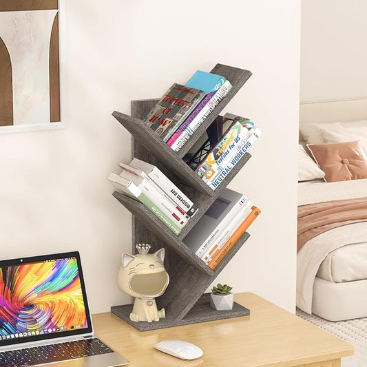 5 Tier Tree Book Shelf, Small Desktop Bookshelf with Storage Organizer, Wood Bookcase, Desk Display Bookshelves, Floor Standing Organizer Bookcases for Living Room,Bedroom,Office - Light Grey