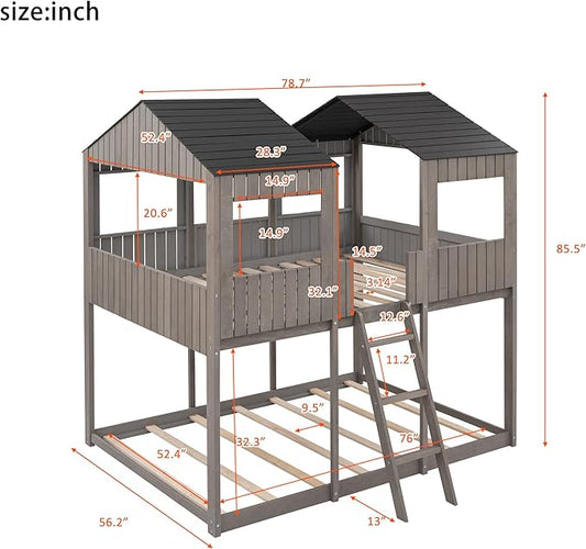 Ball & Cast Full Over Full Size Playhouse Bunk Bed with Roof and Window,Wood Bunkbed w/Full-Length Guard Rail & Ladder,Slat Support,Space Saving,Bedroom Furniture for Student Dorms,Antique Gray
