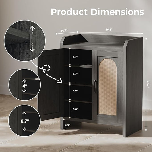 Shoe Cabinet Storage for Entryway, Natural Rattan Shoes Cupboard, Wooden Shoe Rack with Doors and Shelves, Farmhouse Boho Wood Shoe Organizer Cabinet for Hallway Black