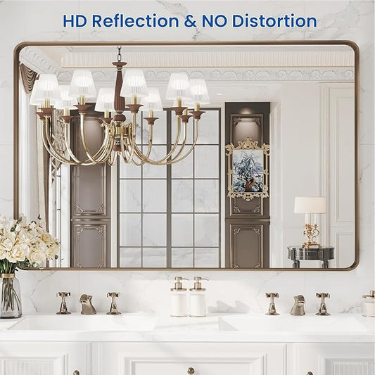 WEER Bronze Framed Modern Wall-Mounted Bathroom Mirror, 55"L x 36"W, Brushed Bronze Aluminum Frame, Shatterproof Tempered Glass, Rounded Rectangle, Horizontal/Vertical Mounting