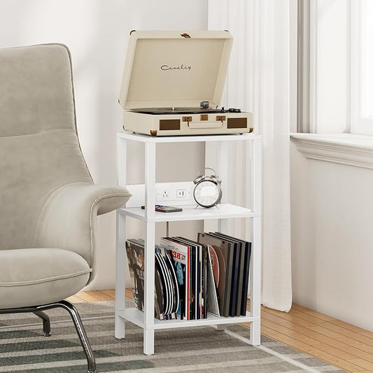 TUTOTAK Record Player Stand with Storage Up to 100 Albums,Record Storage Table,3 Tier End Table with Charging Station,Side Table for Living Room, Bedroom, White TB01BW076