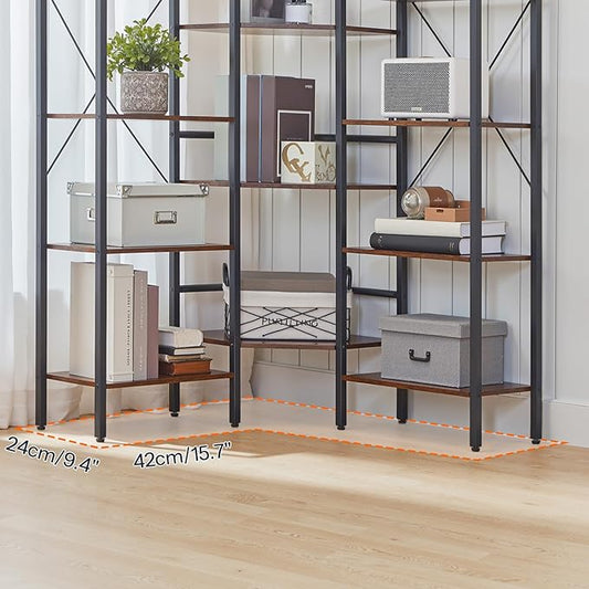 HOOBRO Industrial Corner Bookshelf, 5-Tier L-Shaped Bookcase, Open Display Storage Rack, Floor Standing Storage Shelf, for Living Room, Bedroom, Home Office, Rustic Brown and Black BF68SJ01
