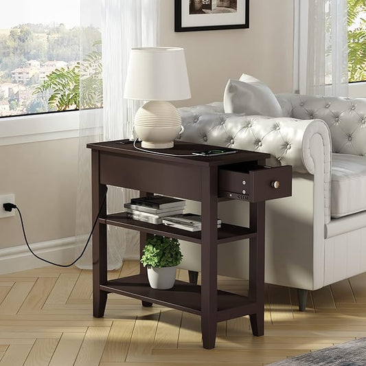 ChooChoo Narrow End Table with Charging Station, Side Table Living Room with USB Ports & Power Outlets and Hidden Drawer, 3-Tier Skinny Nightstand with 2 Open Storage Shelves For Small Place(Espresso)