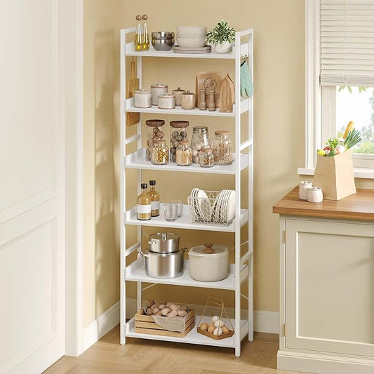 Rolanstar Bookshelf 6 Tier with 4 Hooks, Industrial Bookcase, Vintage Storage Rack with Open Shelves, Rustic Standing Bookshelves Metal Frame Display Rack for Living Room, Bedroom, White