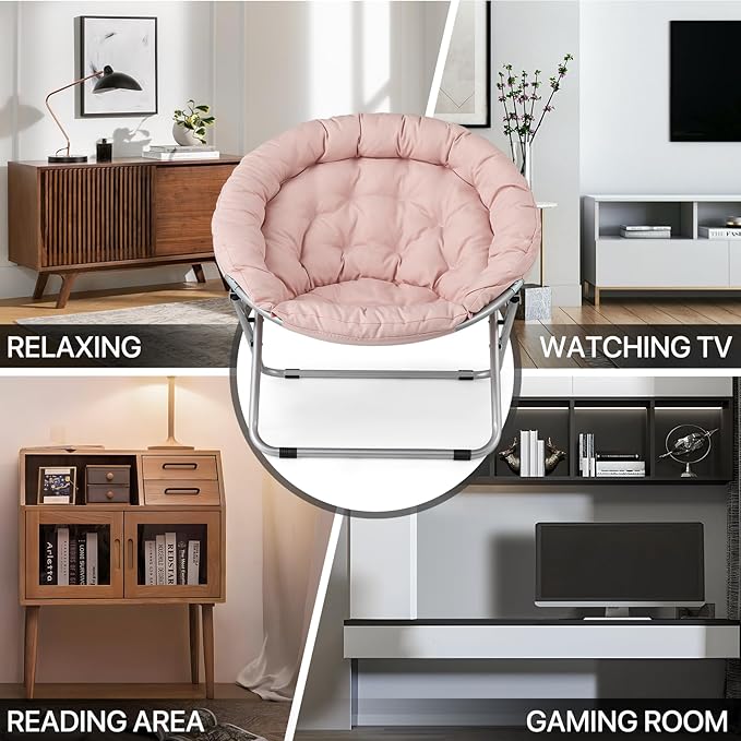 MoNiBloom Round Folding Saucer Chairs Set of 2 for Bedroom Living Room Dorm Foldable Metal Frame Comfy Soft Lounge Lazy Cozy Moon Chairs for Teens (Pink)