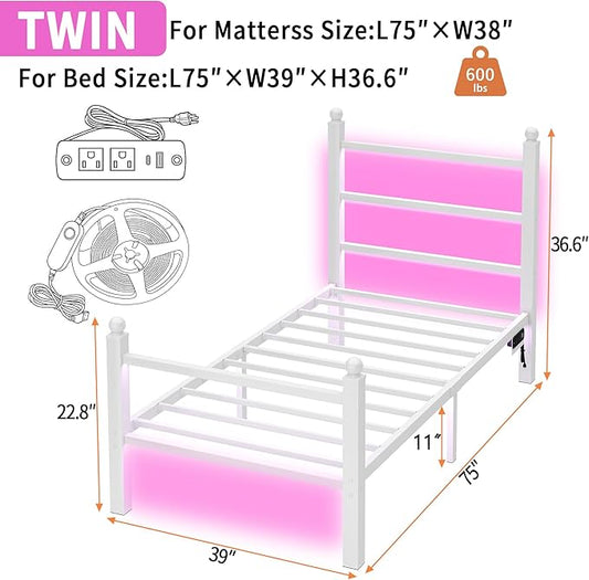 Twin Bed Frame with Headboard and Footboard,Steel Slats Support-LED Bed Frame with USB Charging Station,Mattress Foundation-Under Bed Storage,No Box Spring Needed,Noise Free,White