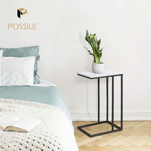 C Shaped Side Table Set of 2, Marble End Table for Sofa and Bed, Couch Table That Slide Under, Snack Side Table for Living Room, Bedroom or Small Spaces, White and Black