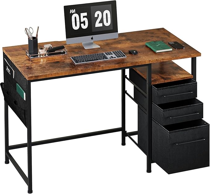 Maihail Maihail Small Desk with Drawers, 40 inch Computer Desk with Shelves, Writing Desk with Storage, Small Office Desk with Metal Frame, Rustic Brown