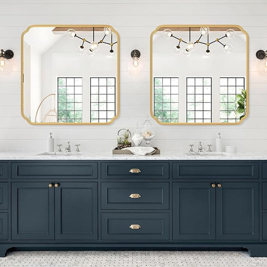 Gold Bathroom Mirror for Wall 36" x 36" Square Bathroom Vanity Mirror Farmhouse, Large Rounded Rectangle Mirror, Anti-Rust, Tempered Glass, Hangs Horizontally or Vertically