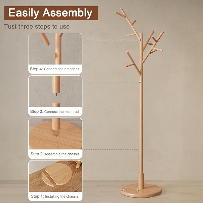 Coat Rack,Solid Wood Coat Rack Freestanding with 12 Hooks,Coat tree freestanding 3 Adjustable Heights for coat, Hats, Handbags,Coat Stand for Entryway,Bedroom (Natural)