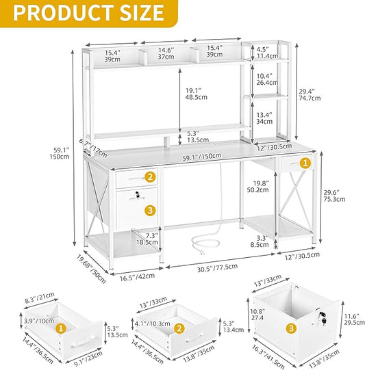 DWVO Computer Desk with Drawers & Hutch, 59.1" Office Desk with Power Outlets & LED Lights, Home Office Desk with Storage Shelves, White