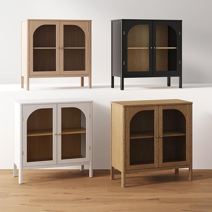 Nathan James Mason Modern Farmhouse TV Stand, Free Standing Accent Sideboard Buffet, Cabinet with Glass Doors and Adjustable Shelf, Clear Glass/Raw Oak Set of 3