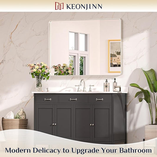 Keonjinn Brushed Nickel Mirror 40 x 30 Inch Large Silver Bathroom Mirror for Over Sink, Rounded Rectangle Farmhouse Vanity Mirror with Metal Frame, HD Tempered Glass Wall Mirror(Horizontal/Vertical)