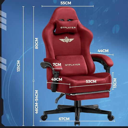 GTPLAYER Gaming Chair Fabric with Pocket Spring Cushion, Big and Tall Gamings Chairs 350LBS High Back Computer Chair with Footrest for Adults Lumbar Support Swivel Game Chair for Office Gaming Red