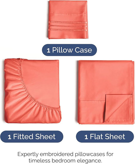 Twin Size 3 Piece Sheet Set - Comfy Breathable & Cooling Bed Sheets Set - Hotel Luxury Bedding for Women, Men, Kids, Teens, Boys & Girls - Deep Pockets, Ultra-Soft and Wrinkle Free - Oeko-Tex - Coral