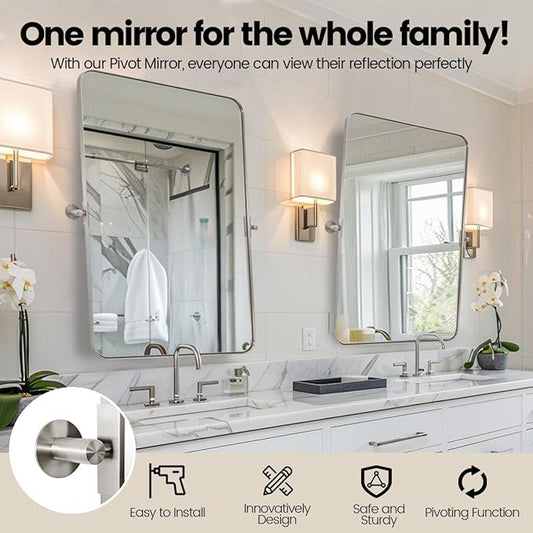 MOON MIRROR 24" x 36" Brushed Nickel Metal Framed Pivot Rectangle Bathroom Mirror, Silver Tilting Rounded Rectangular Vanity Mirror for Wall Mounted Hangs Vertical(Overall 27.75" x 36")