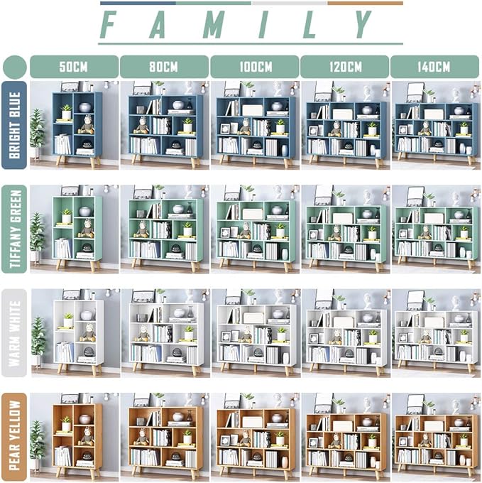 IOTXY Wooden Open Shelf Bookcase - 3-Tier Floor Standing Display Cabinet Rack with Legs, 7 Cubes Bookshelf, Tiffany-Green