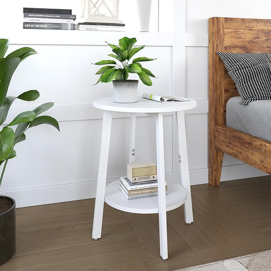 Side Table, Small Round End Table with Storage Shelf for Small Space, 2-Tier Bedside Table Sofa Couch Table, Round Accent Table Nighstands for Living Room, Bedroom,White