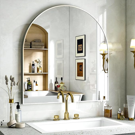 Arched Bathroom Mirror, 32x34 Inch - Wall Mounted Vanity Mirror with Aluminum Alloy Frame - Ideal for Living Room, Bedroom, Bathroom, and Entryway, Hanging or Leaning,Sliver