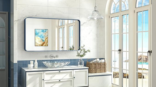 TokeShimi 48 x 24 Inch Wall Mirror Blue Bathroom Vanity Mirror with Metal Frame Aluminum Alloy Rounded Corner for Modern Farmhouse Wall Decor 1”Deep Set Design (Horizontal/Vertical)