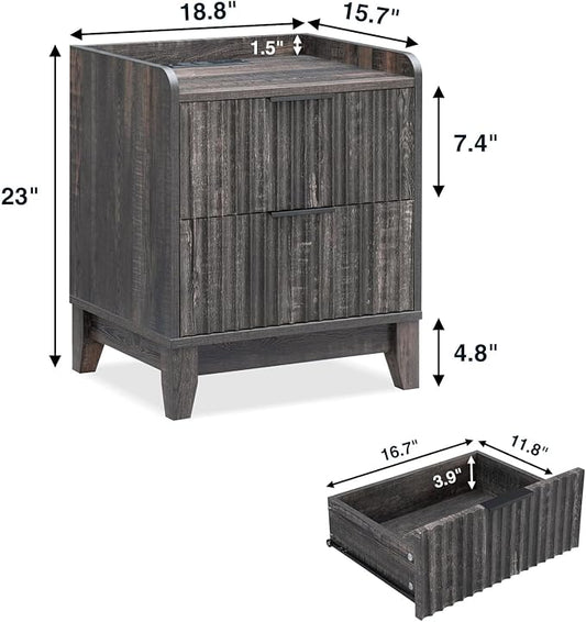 Wnutrees Fluted Nightstand with Charging Station, Modern Bedside Table with 2 Drawers, Farmhouse Wooden End Side Table Living Room, Dark