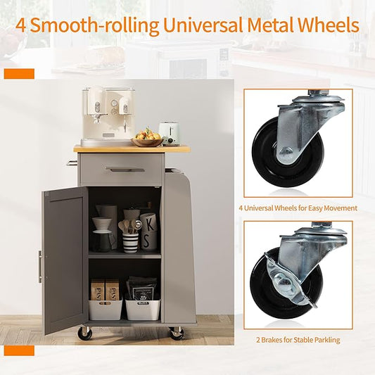 Shintenchi Small Kitchen Island on Wheels with 3-Tier Side Spice Rack and Rubber Wood Top, Trolley Cart with Storage Cabinet & Drawer and Handle/Towel Rack, Gray