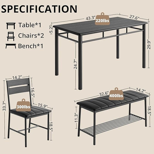 IRONCK Dining Table Set for 4, Kitchen Table with Upholstered Bench and 2 Chairs, Kitchen Table and Chairs Set for Small Space, Apartment, Black