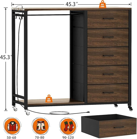Cyclysio Dresser for Bedroom with Clothes Rack, 5 Fabric Drawers Dresser with Charging Station & LED Lights, Storage Chest of Drawers, Wooden Top, Bedroom, Closet, Red Oak