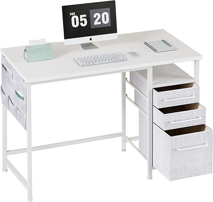 Maihail Maihail Small Desk with Drawers, 40 inch Computer Desk with Shelves, Writing Desk with Storage, Small Office Desk with Metal Frame, White