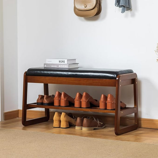 latifolia Shoe Rack Bench, Entryway Shoe Bench with Cushion, Flip-Open Storage Compartment, 2-Tier Shoe Organizer(Black,31.50''L)