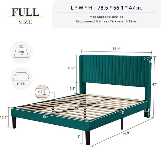 Allewie Full Size Bed Frame/Velvet Upholstered Platform Bed/Vertical Channel Tufted Wingback Headboard/Strong Wooden Slats/No Box Spring Needed/Easy Assembly/Teal