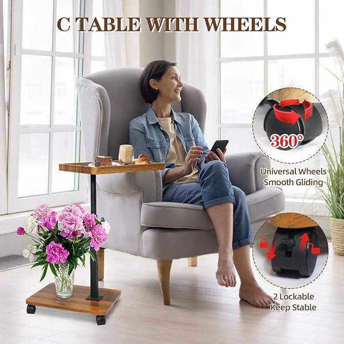C Table Side Table End Table Adjustable Height,C Shaped End for Couch,Snack Tables,360°Swivel TV Tray Sofa Table, for Small Spaces,Side Tables Living Room and Bedroom for Sofa, Bed,Chair